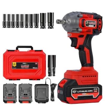 JPT Combo Pro Series Brushless 21-volt Cordless Impact Wrench | 570NM Torque | 4400 RPM Speed | 2 Speed Modes | 1/2-Inch Hex Shank | 4000mAh Battery | Fast Charger | 10 Impact Sockets Included