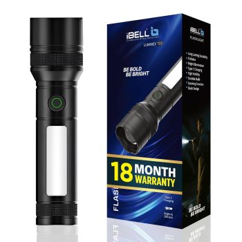CDP IBELL LUMINEX 700 Rechargeable Torch Light High Power, 6 Light Modes, Telescopic Zoom, Type C Charging, LED Flashlight, Super Bright & Long Distance Range, for Home, Outdoor & Emergency Use (Black)