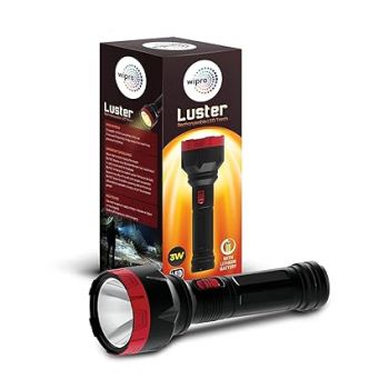 Wipro Luster 3W Led Bright Rechargeable Torch with High Quality LED Light | Dimmable Emergency Torch Light with 1200 mAH Li-Ion Battery | Compact Torch with 2 Step of Brightness | Red | Pack of 1
