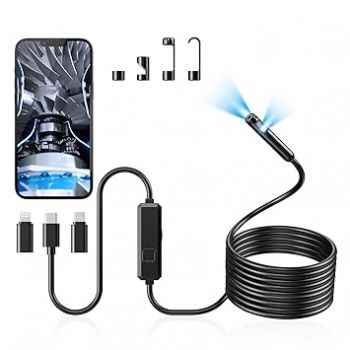 Endoscope Camera with Light, Dual-Lens 1920P HD Borescope with 8 Adjustable LED Lights, IP67 Waterproof Boroscope Inspection Tools, 16.4ft Semi-Rigid Snake Camera for iOS & Android