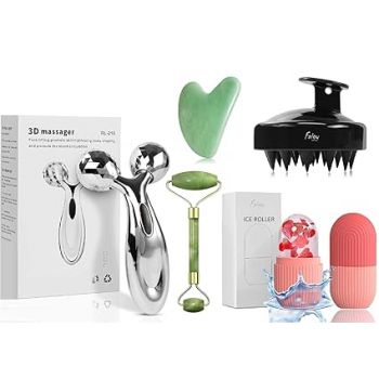 Faigy Jade Roller With Gau sha Stone, 3D Roller Massager, Head Scalp Shamppoo Massager Brush, Ice Roller, Face Massager (Multi Color)
