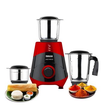 INALSA Mixer Grinder|500W Powerful Motor|High RPM 21000 for Finer Grinding Result|3 Stainless Steel Jars (1.2 L,0.8 L,0.4 L)|Leak-Proof Lid|3 Speed Control & Pulse Function|2 Year Warranty|Jazz Bold