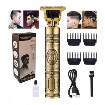 Professional Hair Trimmer T9, Vintage Gold Buddha Design, Cordless with 4 Guide Combs