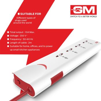 GM 3060 Extension Board 10Amp Output 250 Volts with 2 Mtr Extension Cord & Surge Protector | Master Switch, Safety Shutter, 4 International Sockets | Multi Plug Travel Adapter for Home Appliances