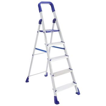 Foldable Step Ladder, Firm Grip, 5 Steps (Aluminium Steps, Blue & Satin)