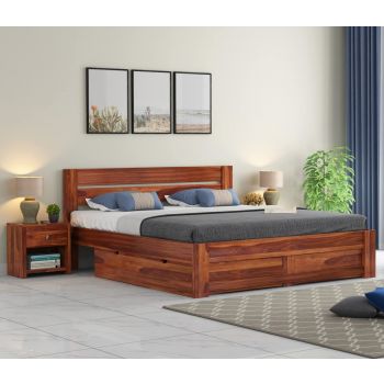 RJ ART Wooden Queen Size Bed with Storage | Double Bed Cot Bed with Drawer Storage for Bedroom & Hotel | Sheesham Wood | Honey Finish | Recommended Mattress Size: 78 X 60