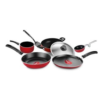 Pigeon by Stoverkraft Non-Stick Cookware Set of 7 Pc w/o Induction Base Includes Nonstick Tawa 23cm, Nonstick Fry Pan 24cm, Nonstick Kadhai with Stainless Steel Lid 24cm, Nonstick Sauce Red, Standard