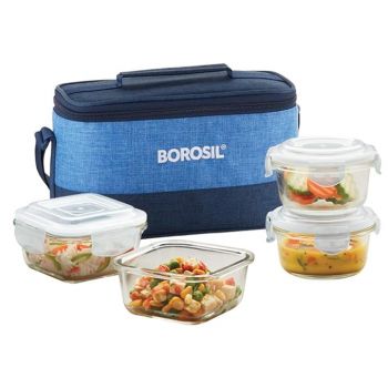 Borosil Prime Universal Lunchbox with Bag | 4pc (320ml x 2 Square + 240ml x 2 Round) Container Set | Made in India Borosilicate Glass | Microwave & Dishwasher Safe Tiffin for Office, College & School