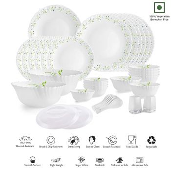 Cello Opalware Dazzle Series Tropical Lagoon Dinner Set, 37 Units | Opal Glass Dinner Set for 6 | Light-Weight, Daily Use Crockery Set for Dining | White Plate and Bowl Set