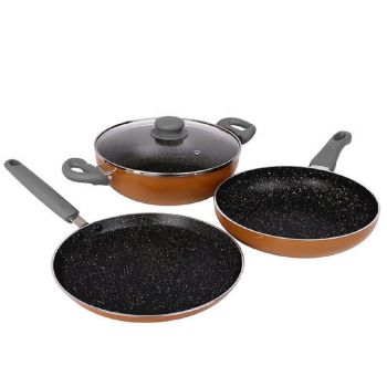 Prestige Omega Deluxe Non-Stick Cookware 3 Pc Set |PFOA Free 5-Layer Coating | Omni Tawa 25 cm | Fry Pan 24 cm | Kadai with Glass Lid 24 cm | Brown | Dishwasher Safe