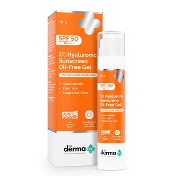The Derma Co 1% Hyaluronic Sunscreen Oil-Free Gel SPF 50 PA++++ | For Oily, Acne-Prone Skin | Lightweight Texture | No White Cast | UVA/UVB, Broad Spectrum Protection & Blue Light Protection | Non- Comedogenic | Clinically Tested - (In -Vivo) | Tan Protec