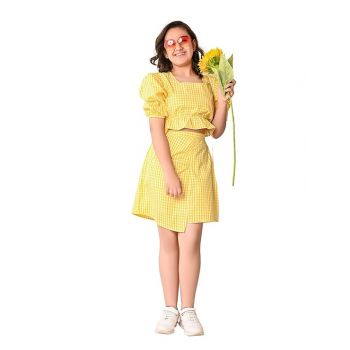 LILPICKS Girls Checkered Balloon Sleeves Top with Wrap Skirt Set (Yellow)