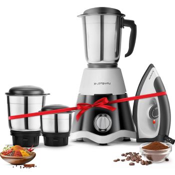 Longway Super Dlx Mixer Grinder with Kwid 1100W Dry Iron | 500 Watt Powerful Motor | 3 Jars for Grinding, Mixing, Juicing | 2 Year Warranty (Black & Gray, Combo Offer)