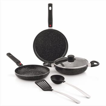 Amazon Brand - Solimo Aluminium 6 Piece Non-Stick Cookware Set with Detachable Handle| Granite Finish | Induction Base | Pfoa Free | HTR Exterior Coating | Black