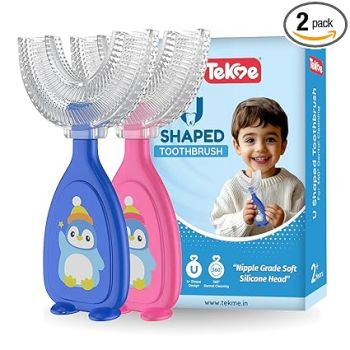 tekme U Shaped Toothbrush For Kids, Food Grade Soft Silicone Brush Head, 360? Oral Teeth Cleaning Tools, Children Infant U Shape Toothbrush (2-6 Years|Pack Of 2), Manual, Multicolor