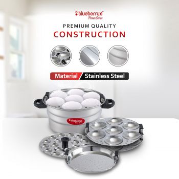Blueberry's Idli Maker Stainless Steel - Idly Cooker with 3 Plates for idly, 1 plate mini idly & 1 plate steamer| Idli maker induction base & Gas Stove Compatible -(21 Idlies & 20 mini idlies) (21 Idly)