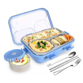 TEC TAVAKKAL Lunch Box 3 Compartment Leak-Proof BPA Free Stainless Steel, Lunch Box for Kids, Lunch Box for School & Office with a Fork, a Spoon and a Pair of Chopsticks (Blue), 750 ml