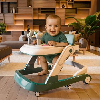Cockatoo-Kids FirstMove 3-in-1 Baby Walker Rocking Push Seated Adjustable Height Foldable 360° Wheels Anti-Fall Safety Pads Music Toy Tray Safe for Infants Toddlers 20kg Capacity Dark Green