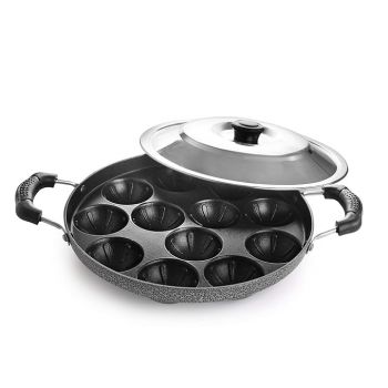 CELLO Non-Stick 12 Cavity Appam Patra with Dual Side Handles & Stainless Steel Lid, Black | Multipurpose Appam Maker, Litti Maker, Appe Stand, Grill Pan