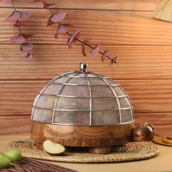 CHOKHAT Kurma Wooden Fruit Basket with Steel Mesh Lid | Suitable for Fruit and Vegetables | Fruit Basket for Dining Table | Chapati & Roti Holder | Insect Proof | Durable Design | Size - 25x30x21.5 cm