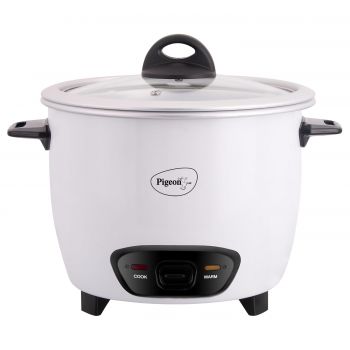 Pigeon by Stovekraft Joy Rice Cooker with Double pot, 1 litres. (White) | Toughened Glass Lid | 400 Watts | 2 Aluminium Cooking Pots | Measuring Cup| Spatula | Energy Efficient Cooking