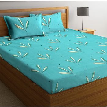BSB HOME Glace Cotton Printed 180 TC Microfiber Double Bedsheet with 2 Pillow Covers (Aqua, Sky Blue, 90X90 Inches)