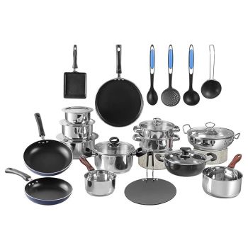 Vinod Kitchen in The Box 25-Piece Stainless Steel Cookware Combo Set | Induction & Gas Stove Friendly | Dishwasher Safe, Stackable, Durable | Essential for Indian Cooking | 2-Year Warranty