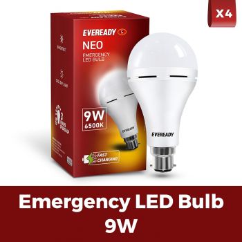 Eveready 9W Emergency Inverter LED Bulb, Cool Day Light (6500K), Rechargeable Bulb with 3 Hours Backup, Ideal for Powercuts, Energy Efficient, B22 Base, Pack of 4