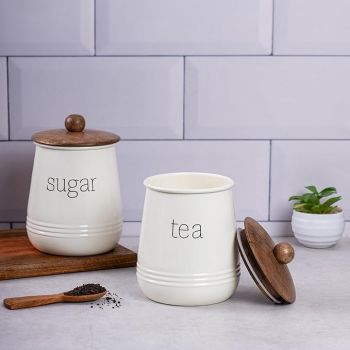 Metallure Home Stylish Kitchen Set | Air Tight Containers for Kitchen Storage | Tea & Sugar Containers Set of 2 | Wooden Lid & Food-Safe Metal Containers | Jar Container Set (Cream)
