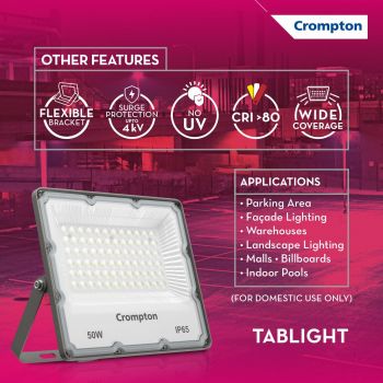 Crompton TabLight | Outdoor Waterproof LED Flood Lights | 50W | IP 65 | Warm White | Pack of 1 | Wide Beam Angle | BIS Approved | for Garage, Parking, Shops & Outdoor Lighting (2 Years Waranty)