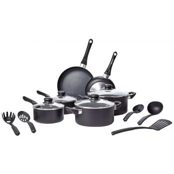 amazon basics Aluminum Non-Stick 15 Piece Cookware Set | 2-Way 3 Layer Non-Stick Coating | PFOA Free | High Temperature Resistant Exterior Coating, Black