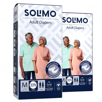 Amazon Brand-Solimo Adult Diapers Tape Style|Medium Size|60 Count|(30 x Pack of 2)|Waist 28-45 Inch(71-114 cm)|Unisex|Quick Absorption|Leak Proof Upto 12 Hours|Wetness Indicator|For Men & Women