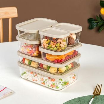 Nestasia Glass Fridge Storage Box Set of 7 (S-310ml x 2, M-520ml x 2, L-750ml, XL-1200ml, XXL-1700ml) Transparent Stackable Glass Container with Lid, Microwave & Dishwasher Safe (Beige)