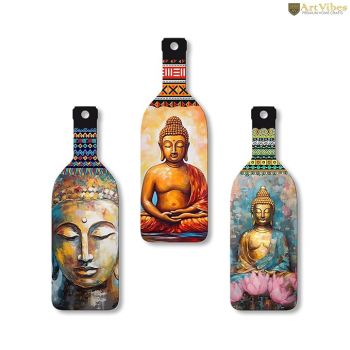 Artvibes Meditating Gautam Buddha Wooden Wall Hanging for Home Decor | Decoration Items for Livingroom | Art Item for Office | Decorative Mdf Wall Hanger Artwork (WH_9507N), (Set of 3)