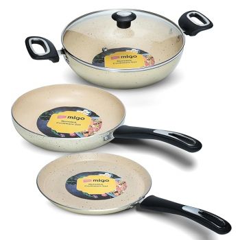 Impex Migo Non Stick Cookware Set | 4 Pcs Induction Bottom Cookware Set 3 mm Thick, Festival Gift Set, 5-Layer Super Granite Non-Stick Coated Cookware Set,Two Sides Spatter Design,1 Year Warranty