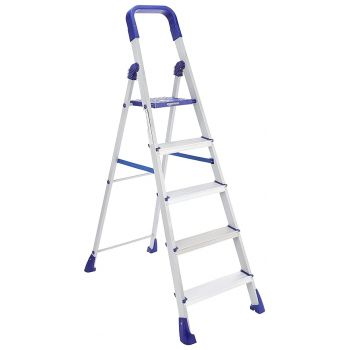 amazon basics Clamber Pro - Foldable Step Ladder, Firm Grip, 5 Steps (Aluminium Steps, Blue & Satin)