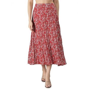NUEVOSDAMAS Women Floral Printed & Pleated Flared Midi Skirt