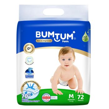 Bumtum Baby Diaper Pants, Medium Size, 72 Count, Double Layer Leakage Protection Infused With Aloe Vera, Cottony Soft High Absorb Technology (Pack of 1)