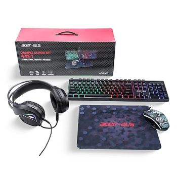 Acer 4 in 1 Wired Gaming Combo, 7 Color LED Backlit Keyboard, RGB Mouse (1200/1600/2400 DPI), Premium Gaming Headset (50mm Driver, 120dB) with Mixed Light Effect, Fabric Weave Mousepad (Black)