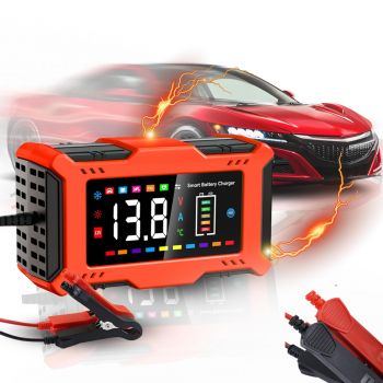 12V 6A Car Battery Charger, Lead Acid & Lithium Iron Battery Charger with Large Screen Display, Multi-Protection, Touch Keys, for 2-100Ah Batteries(Orange)