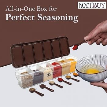 NXTBUY Multipurpose 6-in-1 Masala Box for Kitchen| Airtight BPA-Free Plastic 6 Section Storage Container with 6 Spoons, 1800 ml Transparent Pickle Box for Spices| Dry Fruits, Snacks Pack Of 1 (Brown)