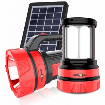 Pick Ur Needs Rechargeable Solar Emergency Long Range Search Torch Light 50W with 2 Side Tube Light & Solar Panel (Red)