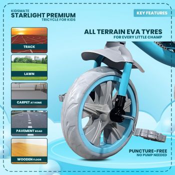 Kidsmate Starlight Premium Tricycle for Kids 2 to 5 yrs | Trikes for Boys & Girls | Baby Cycle with Eva Wheels, Bell and Toy Basket | Safe & Stylish Ride-On Bike | Max User Weight 30kg - Blue
