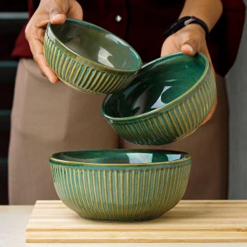 CDP The Earth Store Glam Green Ceramic Bowl Set - Set of 3 | Includes 850 ML, 500 ML, 250 ML Bowls for Serving, Snacks, and More | Perfect for Christmas Gift | New Year Gift & Daily Use