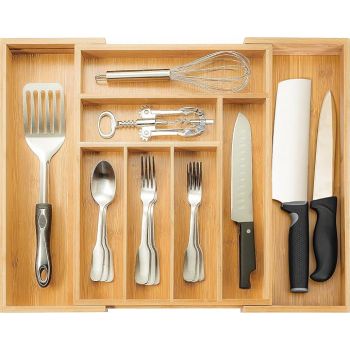ABOUT SPACE Expandable Bamboo Drawer Organizer with Trays Dividers For Kitchen Cutlery Storage, Stationery, Cosmetics with Compartments for Knife & Silverware Utensils (L 32.5-51.5 x B 41 x H 5 cm)