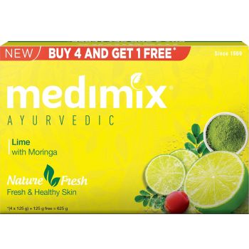Medimix Ayurvedic Lime with Moringa Bathing Bar Soap 125g (Buy 4, Get 1 Extra Combo Pack) | Refreshed & Nourished Skin | Shop Herbal | Natural | Paraben-free & Sulphate-free | 100% Vegan