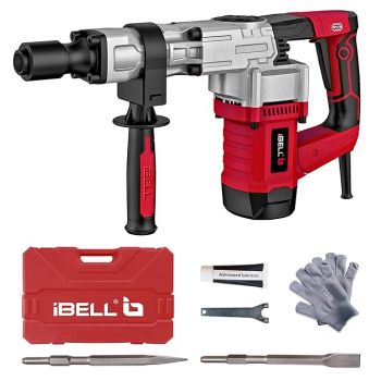 iBELL Demolition Hammer DH20-30, 6.2Kg, 1300W, Copper Armature, 3700 BPM, 16J Impact Energy, 17mm HEX Chuck, with Anti-Vibration Control Handle in red BMC box