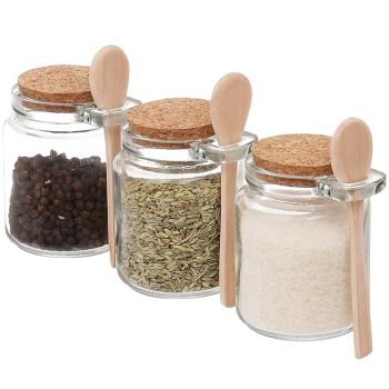 ABOUT SPACE Airtight Container Glass-3 Pack Seasonal Spice Container Jars with Lid & Wooden Spoon Canister Kitchen Condiment Food Storage Jar for Storing Salt Pepper Chilly Flakes (Transparent -200ml)