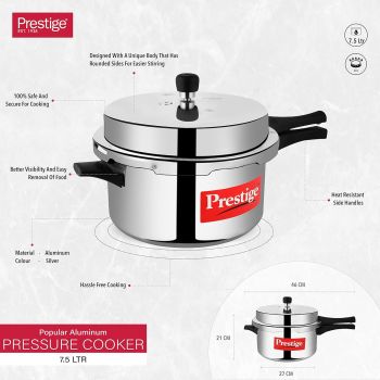 Prestige 7.5 Litres Popular Outer Lid Aluminium Pressure Cooker |Metallic Safety Plug | Gasket Release System | Silver |5 years warranty