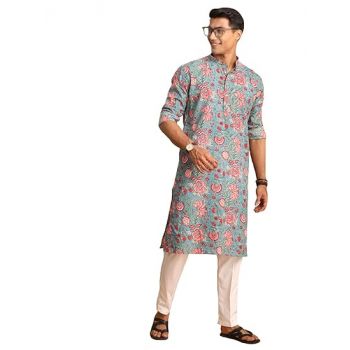 Shvaas By Vastramay Men's Aqua And White Cotton Kurta And Pyjama Set-AA311